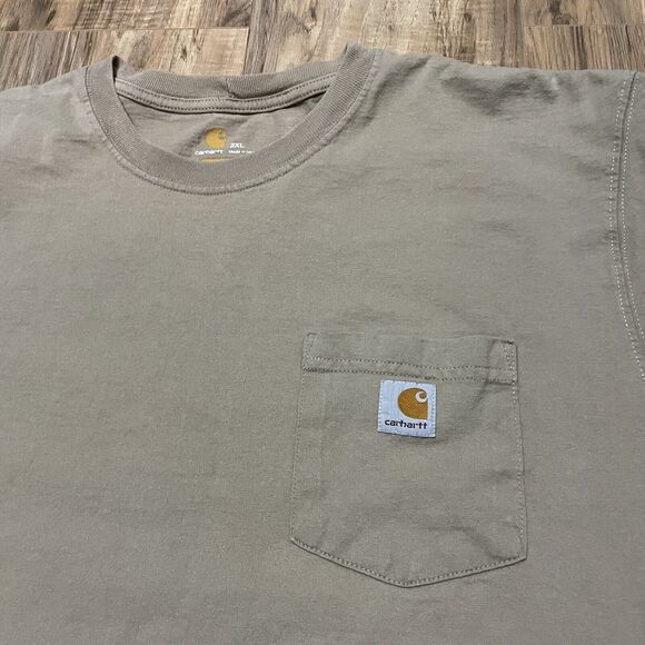 Carhartt Men Shirt 2XL Tan Original Fit Crew Neck Pocket Work Wear - TINY HOLE - Picture 2 of 6